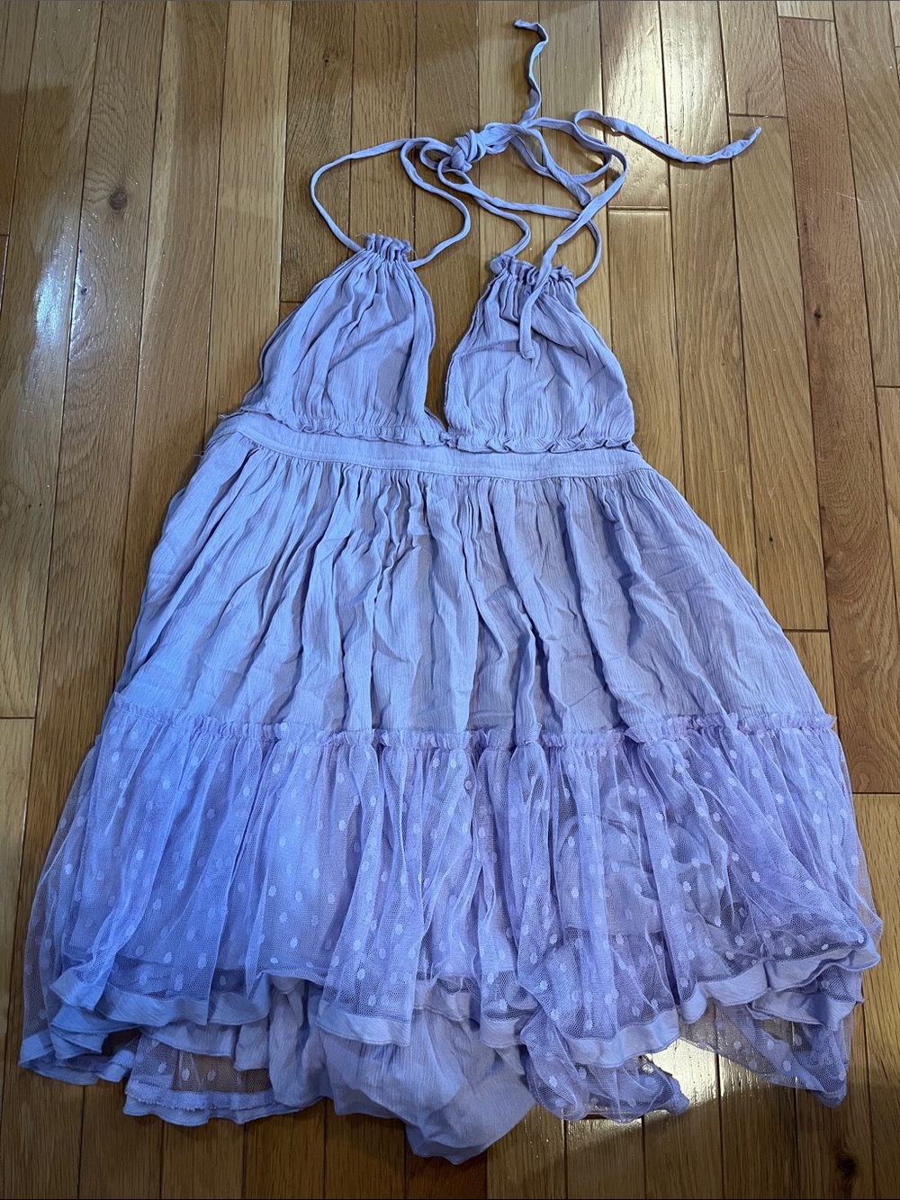 Light purple tie up halter dress with sheer polka dot layer